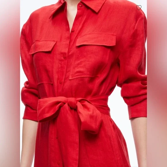 ALICE & OLIVIA KFARA UNEN MAXI SHIRT RED DRESS SIZE SMALL - Picture 2 of 5